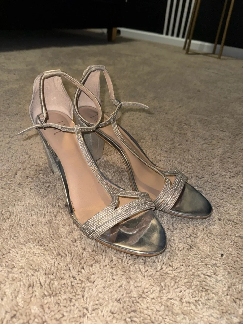 Metallic Silver T-Strap Rhinestone Heels - Picture 2 of 3